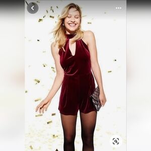 NWT Stella Luce Burgundy Velvet Romper with Cutout and Lace Detail, Size Small